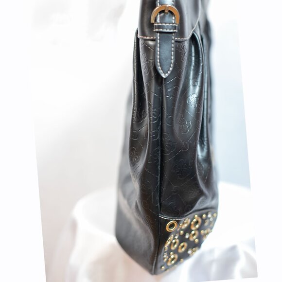 Guess Debossed G-Logo Rhinestone Handbag Faux Leather Satchel Vintage Black - Picture 4 of 9